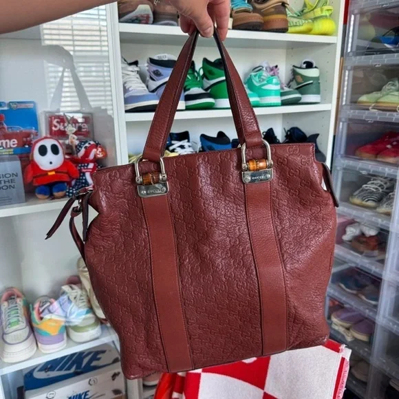 Authentic Gucci Guccissima GG Burgundy Wine Red Tote Bamboo Leather Bag ♥️ - Picture 1 of 11